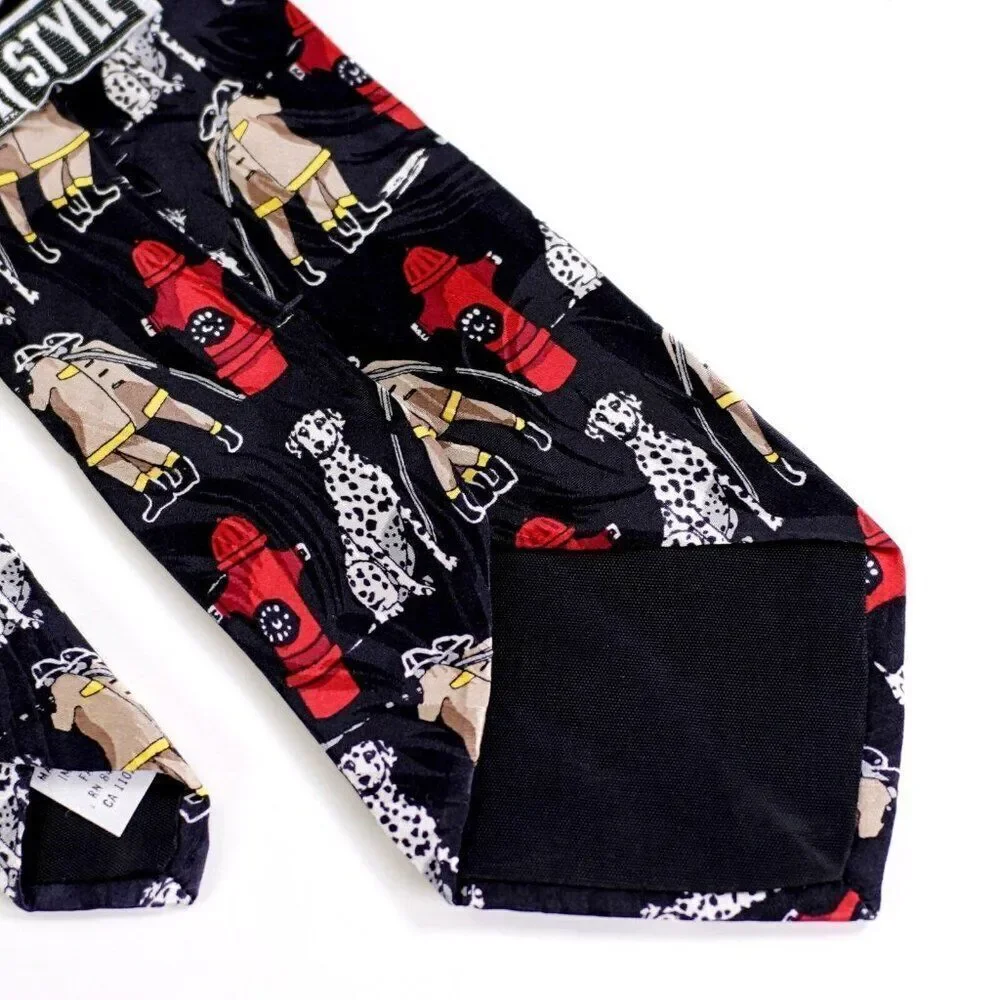 RM Style Firefighter Dalmation Black Jacqard Print Short Silk Tie‎